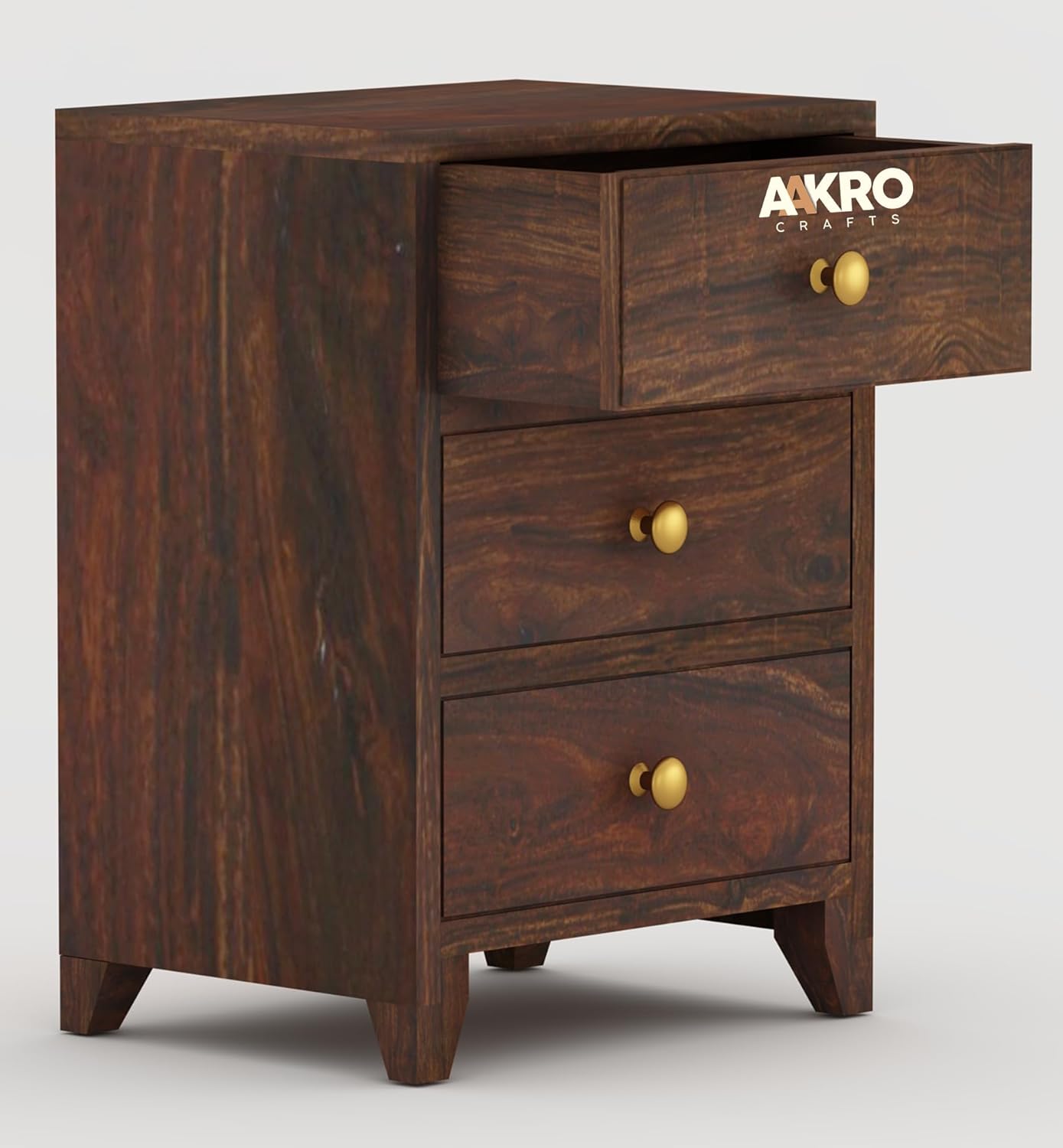 Sheesham Wood Bedside Table with 3 Drawer Storage - Grooved Design