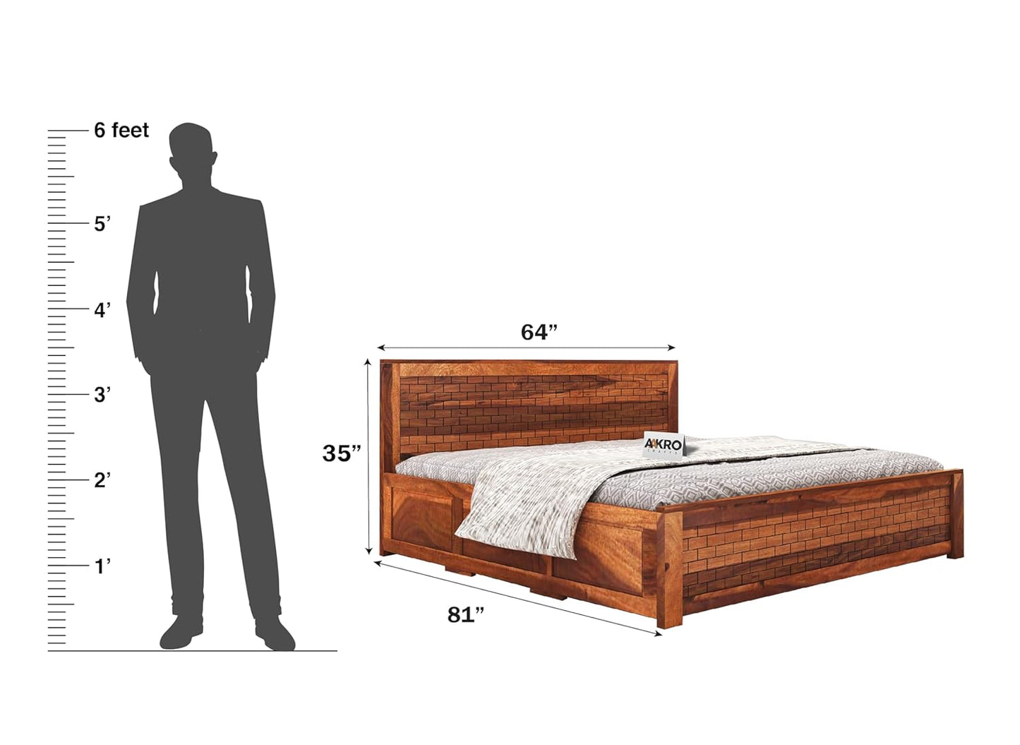 Sheesham Wood Birck Bed with Box Storage - 1 Year Warranty - Honey Finish