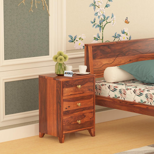 Sheesham Wood Bedside Table with 3 Drawer Storage - Grooved Design