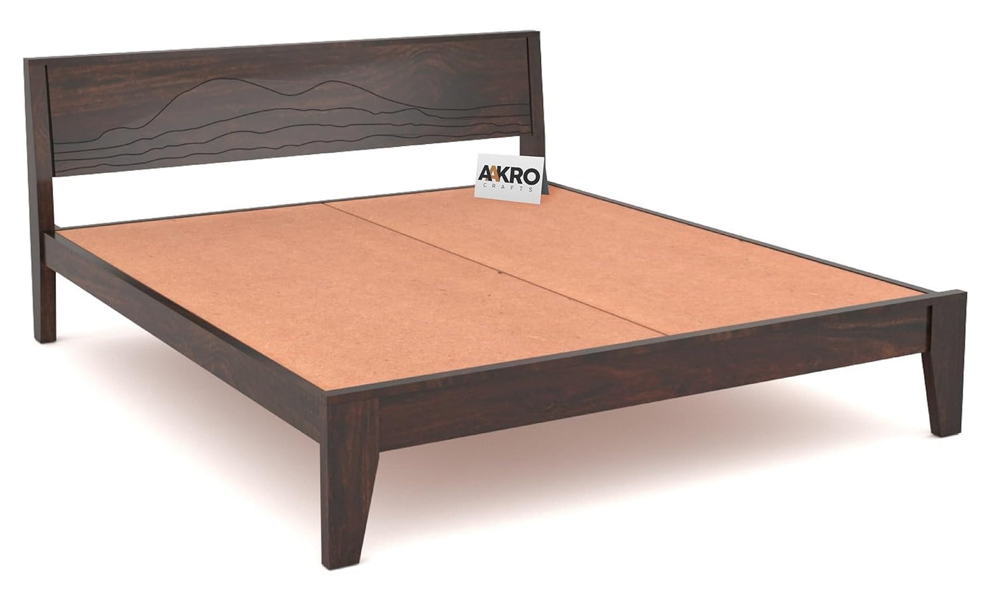 Sheesham Wood Grooved Double Bed Without Storage - Walnut Finish