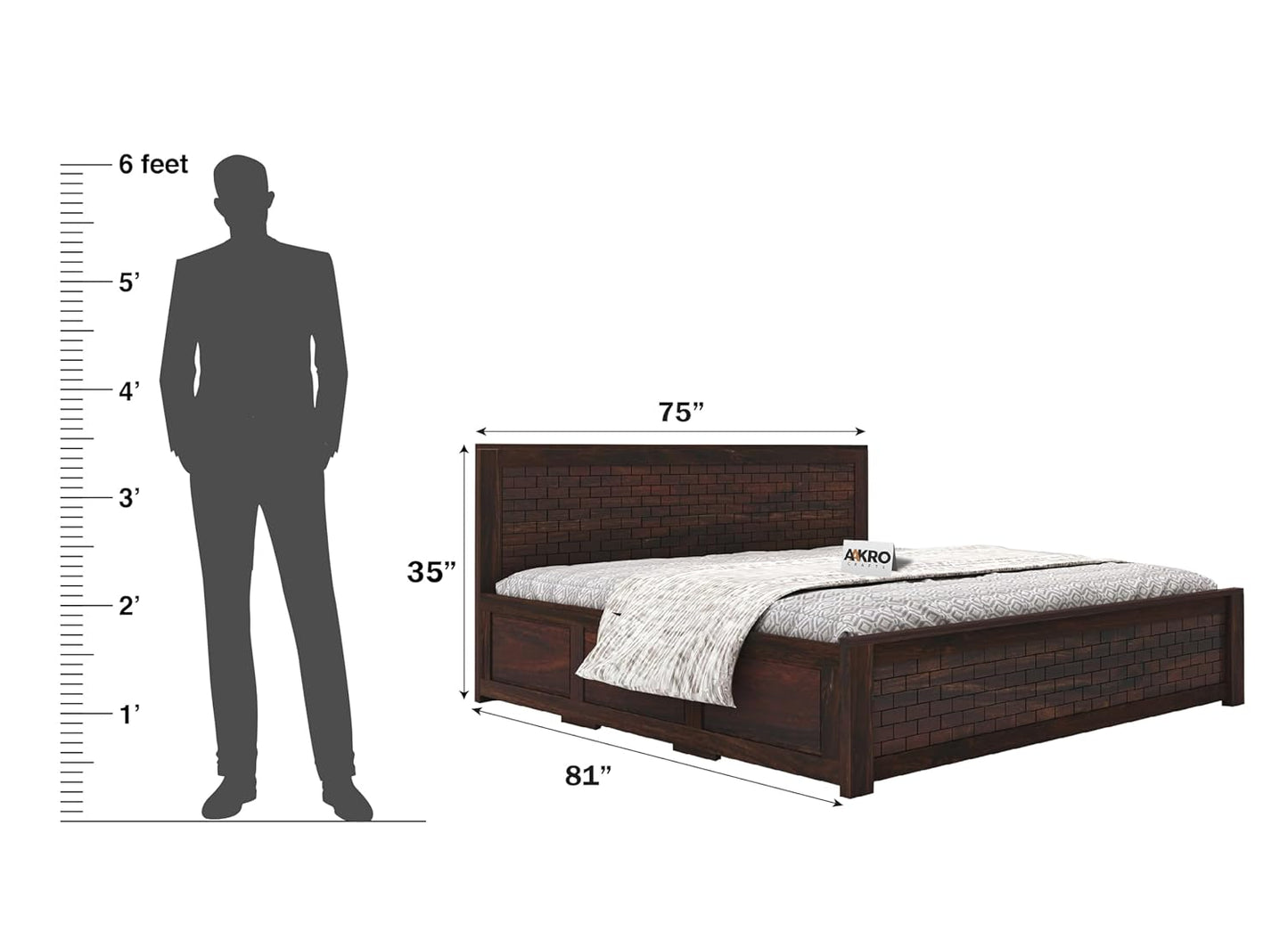 Sheesham Wood Brick Bed with Box Storage - 1 Year Warranty - Walnut Finish