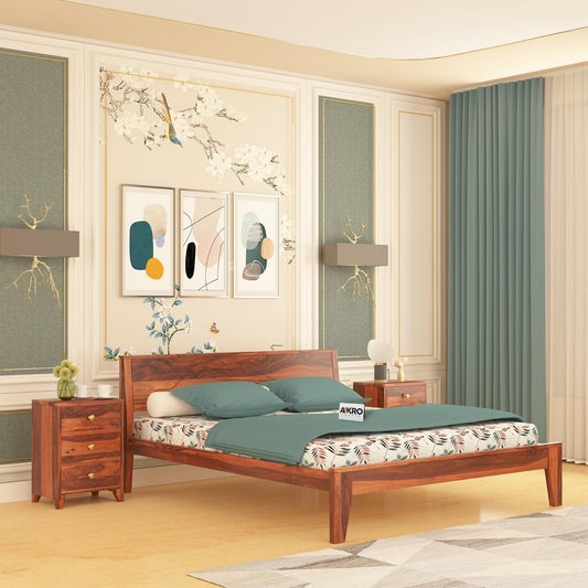 Sheesham Wood Grooved Double Bed Without Storage - Honey Finish