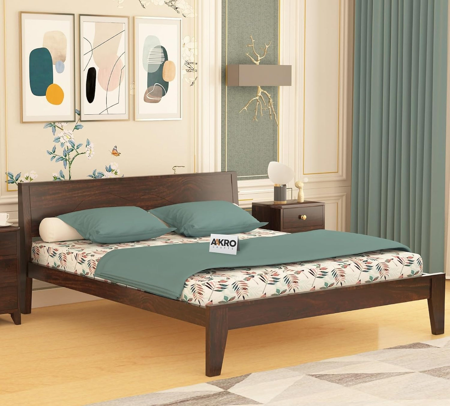 Sheesham Wood Grooved Double Bed Without Storage - Walnut Finish