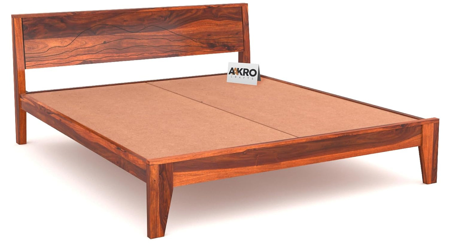 Sheesham Wood Grooved Double Bed Without Storage - Honey Finish