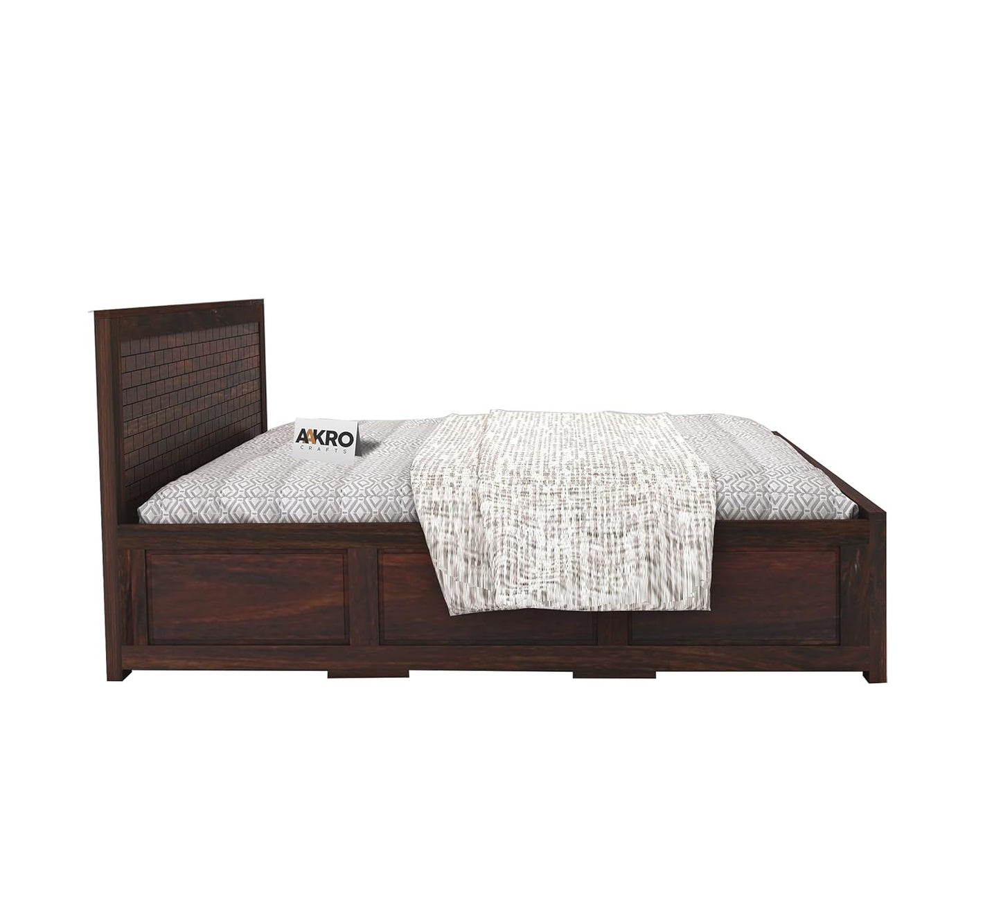 Sheesham Wood Brick Bed with Box Storage - 1 Year Warranty - Walnut Finish