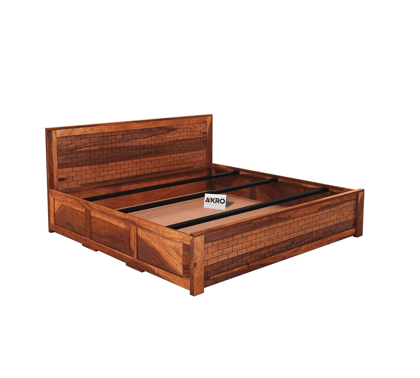 Sheesham Wood Birck Bed with Box Storage - 1 Year Warranty - Honey Finish
