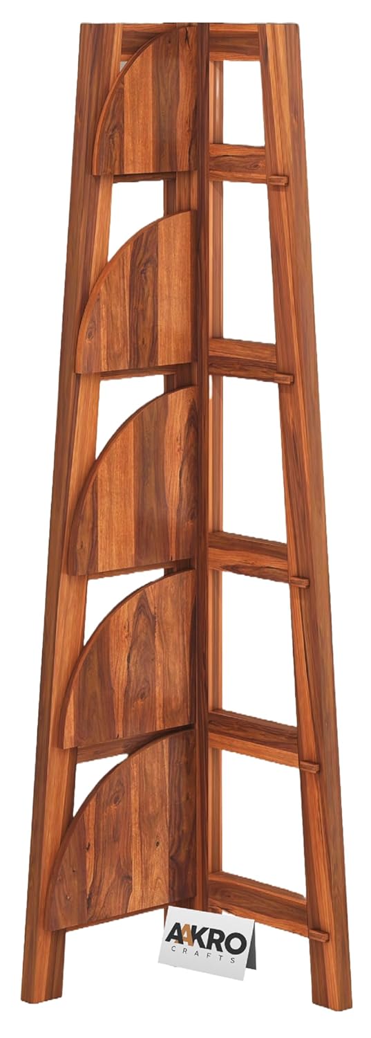 Sheesham Wood 5 Tier Corner Bookshelf / Bookcase Display Unit Honey Finish
