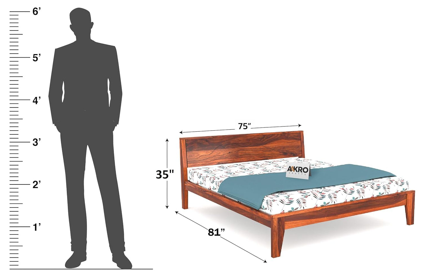 Sheesham Wood Grooved Double Bed Without Storage - Honey Finish
