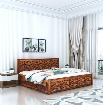 Sheesham Wood Tapered Bed with Box Storage  - 1 Year Warranty - Honey Finish