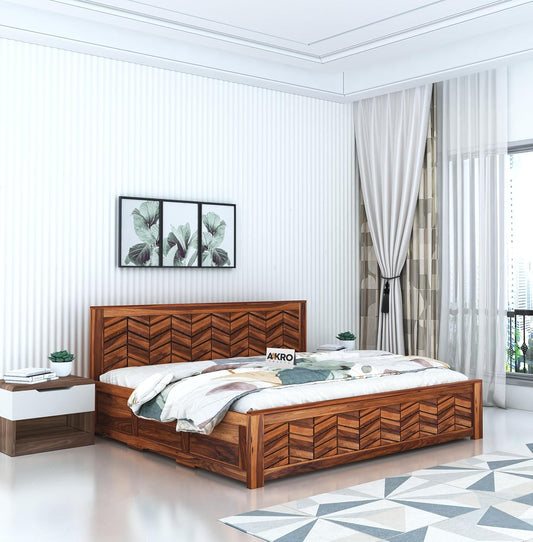 Sheesham Wood Tapered Bed with Box Storage  - 1 Year Warranty - Honey Finish