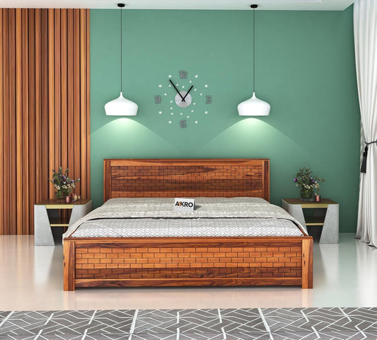 Sheesham Wood Birck Bed with Box Storage - 1 Year Warranty - Honey Finish