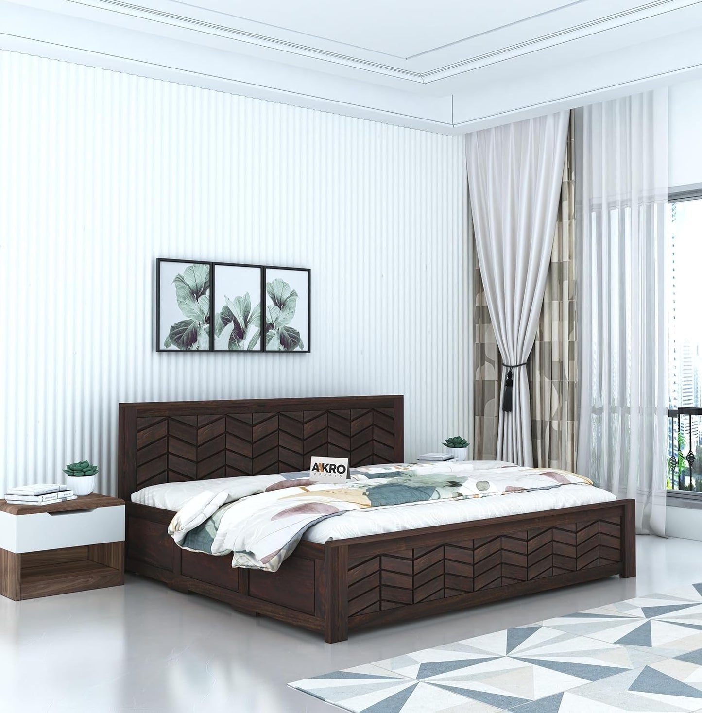 Sheesham Wood Tapered Bed with Box Storage  - 1 Year Warranty - Walnut Finish