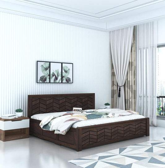 Sheesham Wood Tapered Bed with Box Storage  - 1 Year Warranty - Walnut Finish