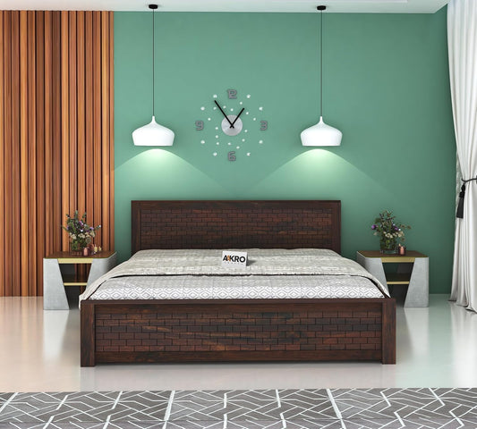 Sheesham Wood Brick Bed with Box Storage - 1 Year Warranty - Walnut Finish