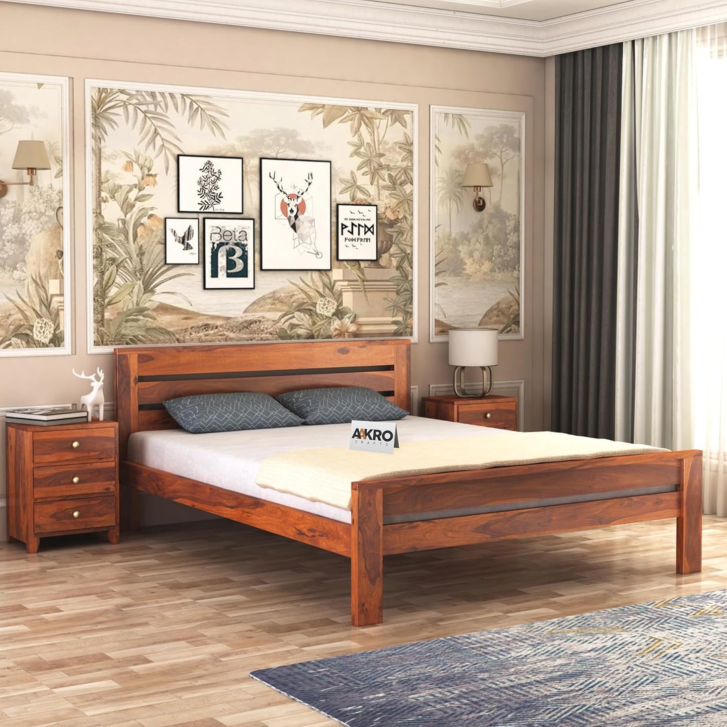 Sheesham Wood Bed Without Storage - 1 Year Warranty - Honey Finish
