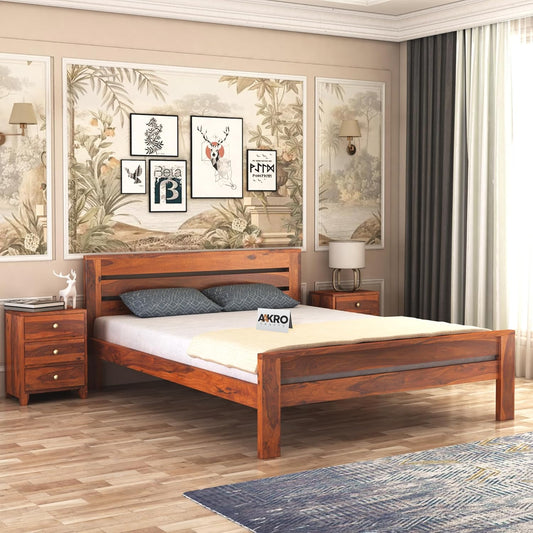 Sheesham Wood Bed Without Storage - 1 Year Warranty - Honey Finish
