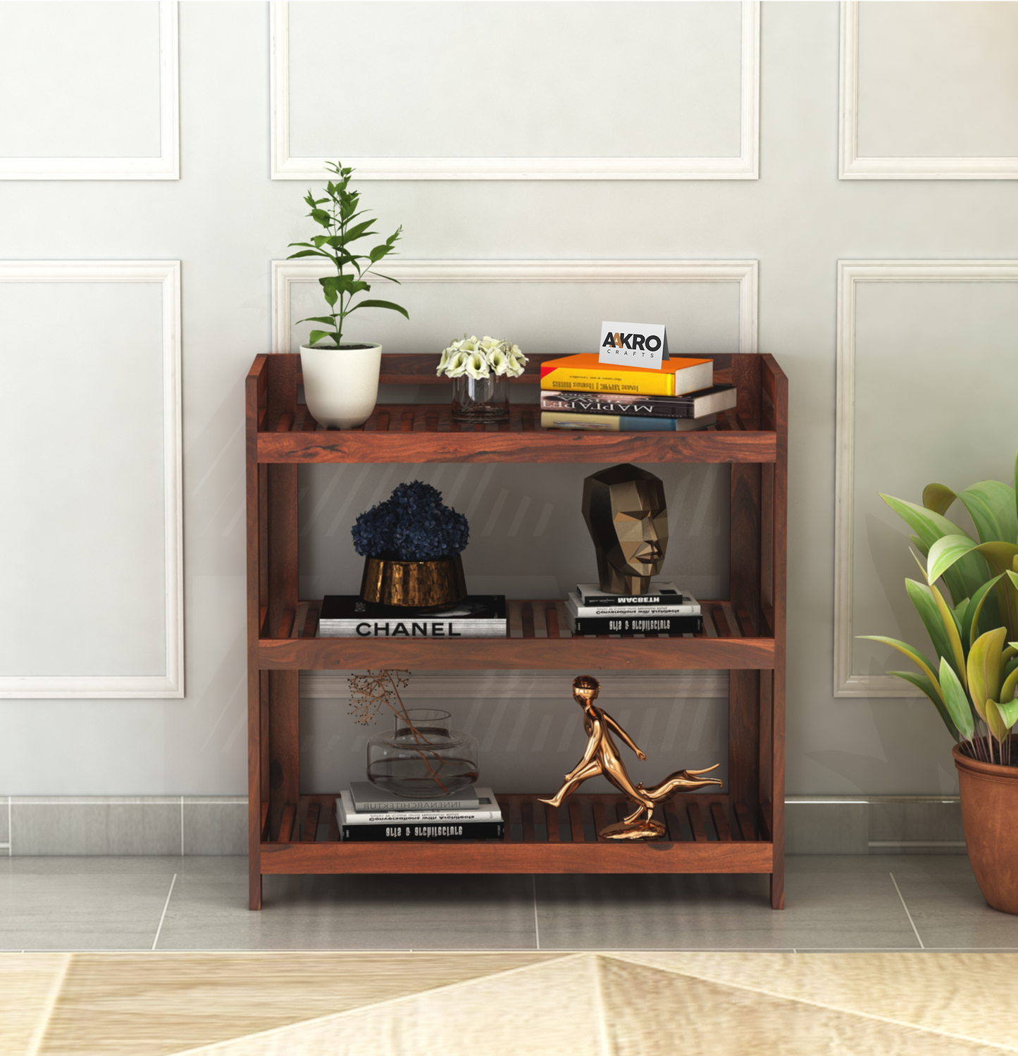 Aria Multipurpose Rack | Shoe Rack | Magazine Rack | Sheesham Wood | Honey Finish | 28x28x12 inches