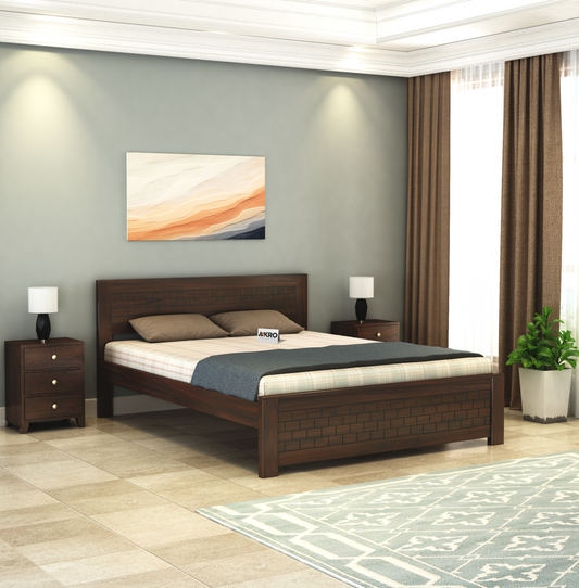 Leo Sheesham Wood Brick Bed Without Storage (Walnut)