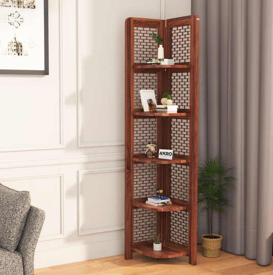 Divine Sheesham Wood Brick Corner Shelf for Living Room Bedroom Home | CNC 5 Tier Corner Bookshelf | Wooden Ladder Bookcase Display Unit (Honey Finish)