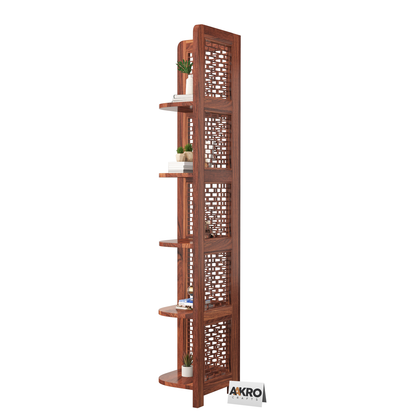 Divine Sheesham Wood Brick Corner Shelf for Living Room Bedroom Home | CNC 5 Tier Corner Bookshelf | Wooden Ladder Bookcase Display Unit (Honey Finish)