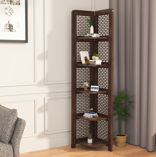 Divine Sheesham Wood Brick Corner Shelf for Living Room Bedroom Home | CNC 5 Tier Corner Bookshelf | Wooden Ladder Bookcase Display Unit (Walnut Finish)