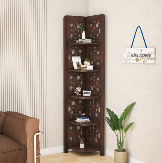Levi Sheesham Wood Cricle Corner Shelf for Living Room Bedroom Home | CNC 5 Tier Corner Bookshelf | Wooden Ladder Bookcase Display Unit (Walnut Finish)
