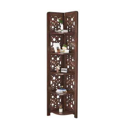 Levi Sheesham Wood Cricle Corner Shelf for Living Room Bedroom Home | CNC 5 Tier Corner Bookshelf | Wooden Ladder Bookcase Display Unit (Walnut Finish)