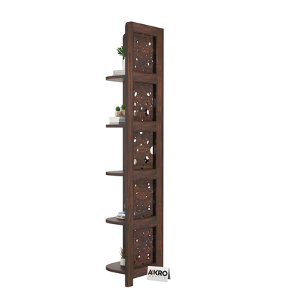 Levi Sheesham Wood Cricle Corner Shelf for Living Room Bedroom Home | CNC 5 Tier Corner Bookshelf | Wooden Ladder Bookcase Display Unit (Walnut Finish)