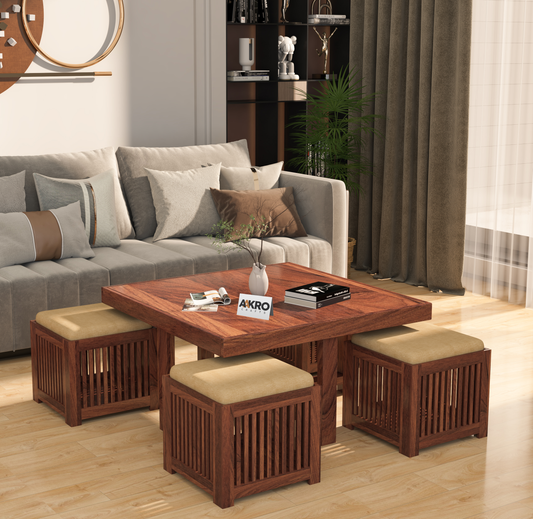 Sally Solid Sheesham Wood Coffee Table with 4 Stools | Wooden Center Table for Living Room Furniture Teapoy Tea Table for Home (Honey Finish)