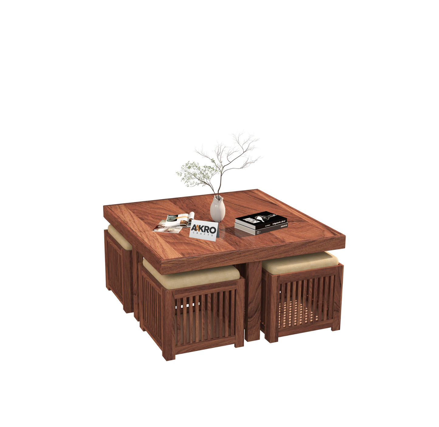 Sally Solid Sheesham Wood Coffee Table with 4 Stools | Wooden Center Table for Living Room Furniture Teapoy Tea Table for Home (Honey Finish)