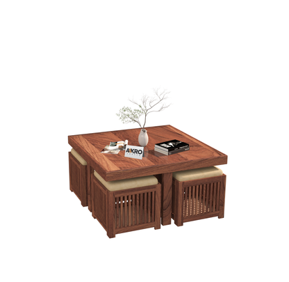 Sally Solid Sheesham Wood Coffee Table with 4 Stools | Wooden Center Table for Living Room Furniture Teapoy Tea Table for Home (Honey Finish)
