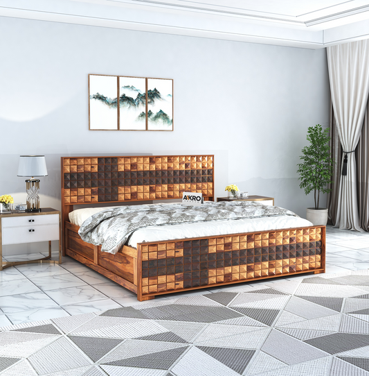 Daimond Sheesham Wood Bed with Box Storage, Dual Tone  - 1 Year Warranty