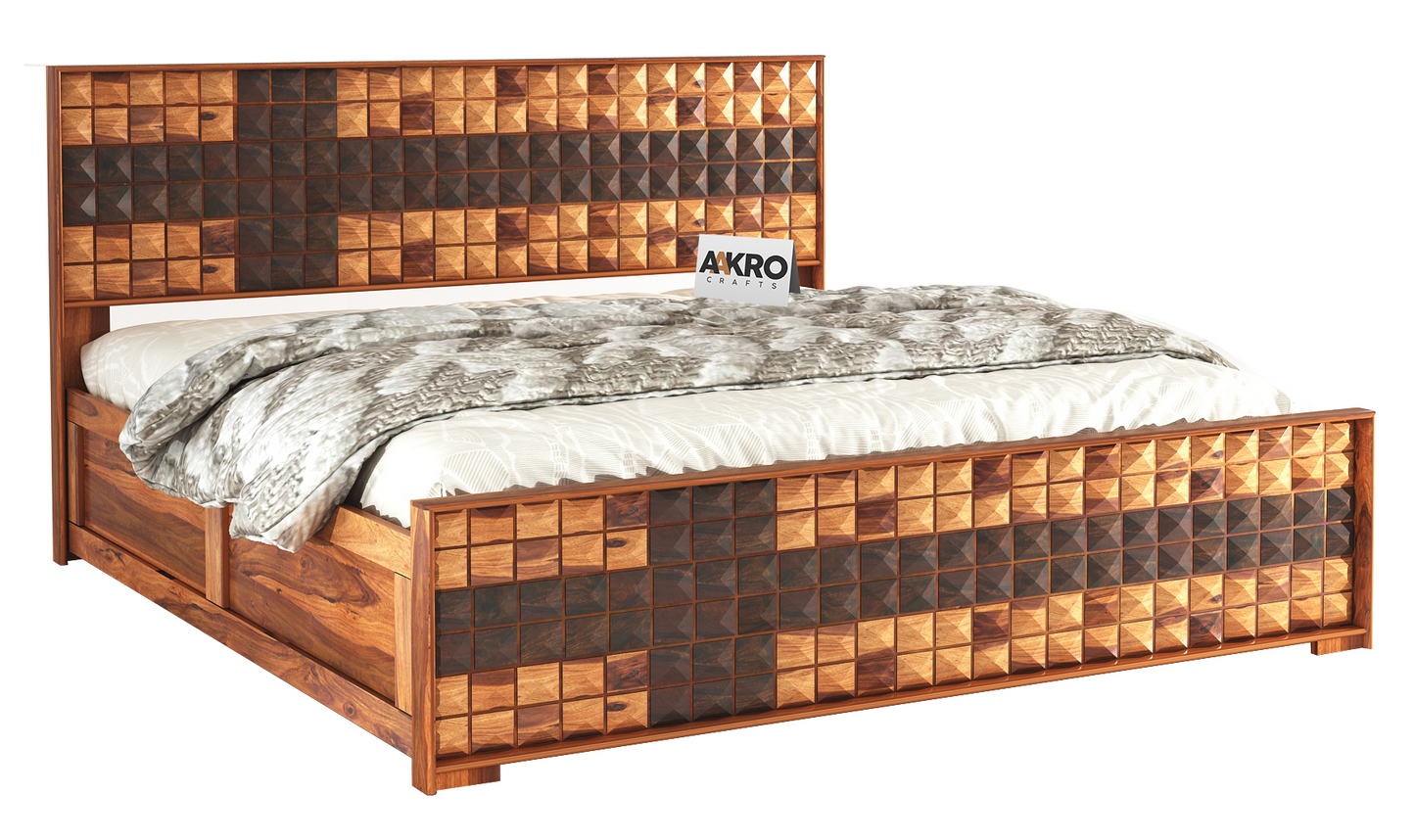 Daimond Sheesham Wood Bed with Box Storage, Dual Tone  - 1 Year Warranty
