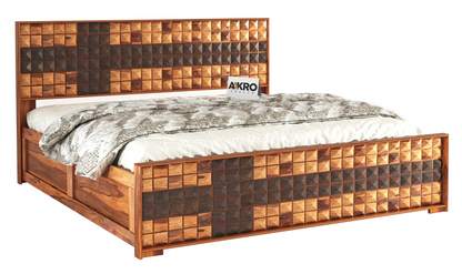 Daimond Sheesham Wood Bed with Box Storage, Dual Tone  - 1 Year Warranty