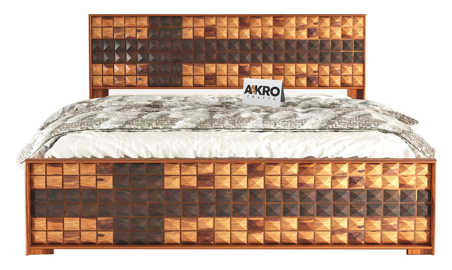Daimond Sheesham Wood Bed with Box Storage, Dual Tone  - 1 Year Warranty