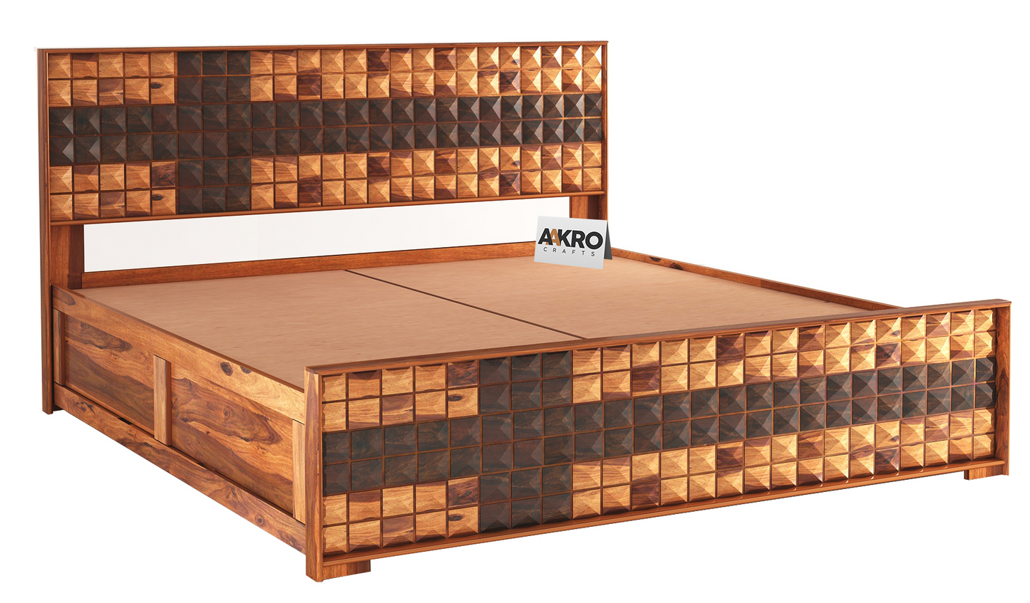 Daimond Sheesham Wood Bed with Box Storage, Dual Tone  - 1 Year Warranty