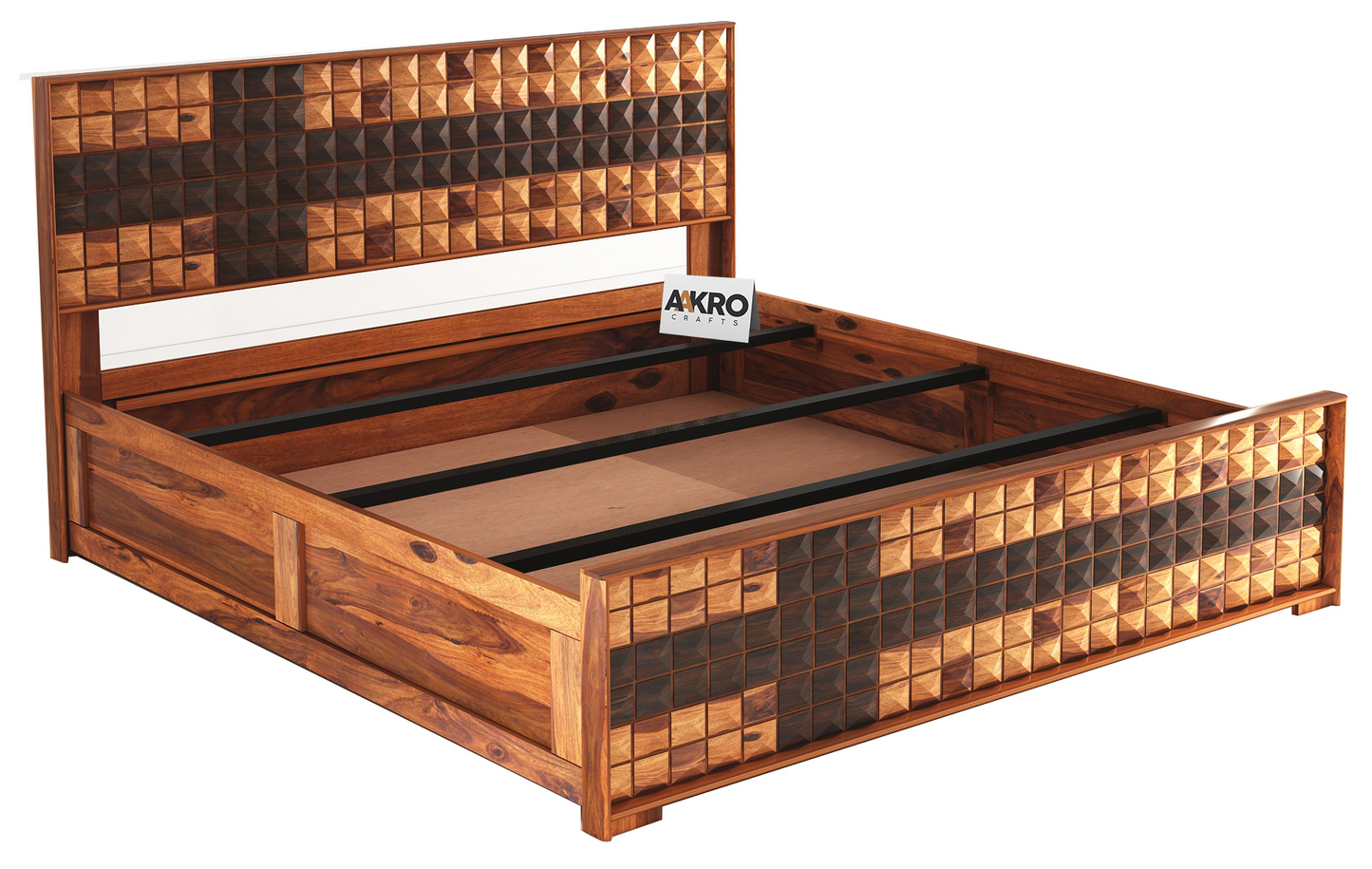 Daimond Sheesham Wood Bed with Box Storage, Dual Tone  - 1 Year Warranty