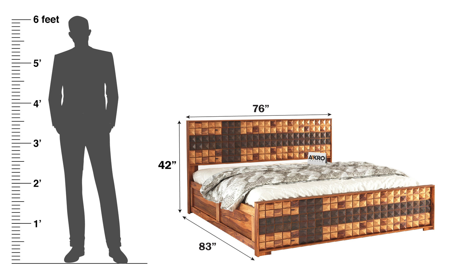 Daimond Sheesham Wood Bed with Box Storage, Dual Tone  - 1 Year Warranty