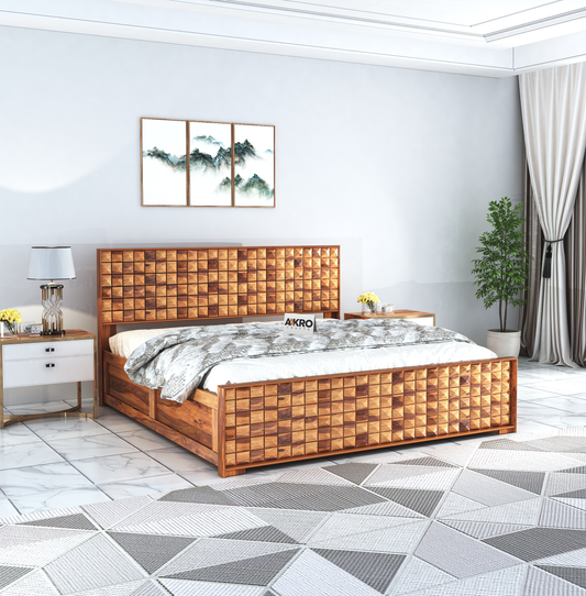 Daimond Sheesham Wood Bed with Box Storage, Honey Finish  - 1 Year Warranty