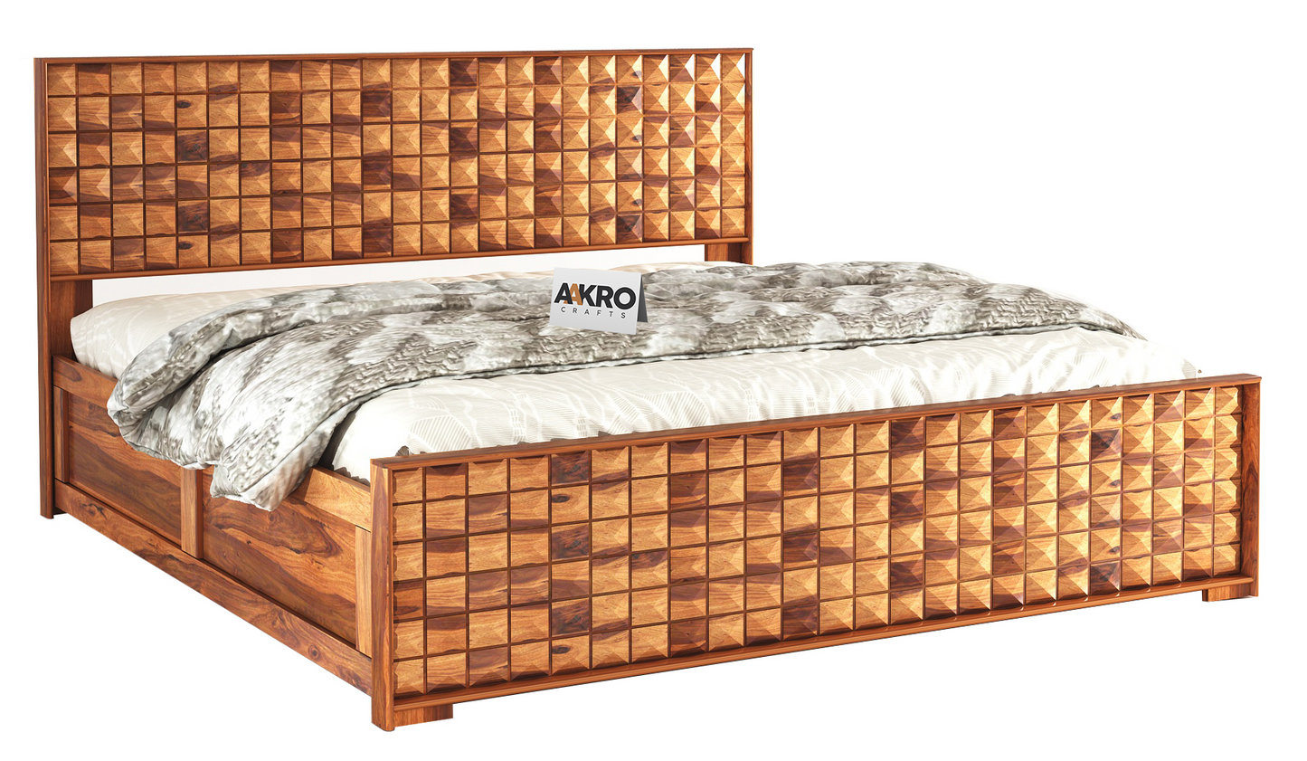 Daimond Sheesham Wood Bed with Box Storage, Honey Finish  - 1 Year Warranty