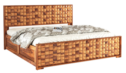 Daimond Sheesham Wood Bed with Box Storage, Honey Finish  - 1 Year Warranty