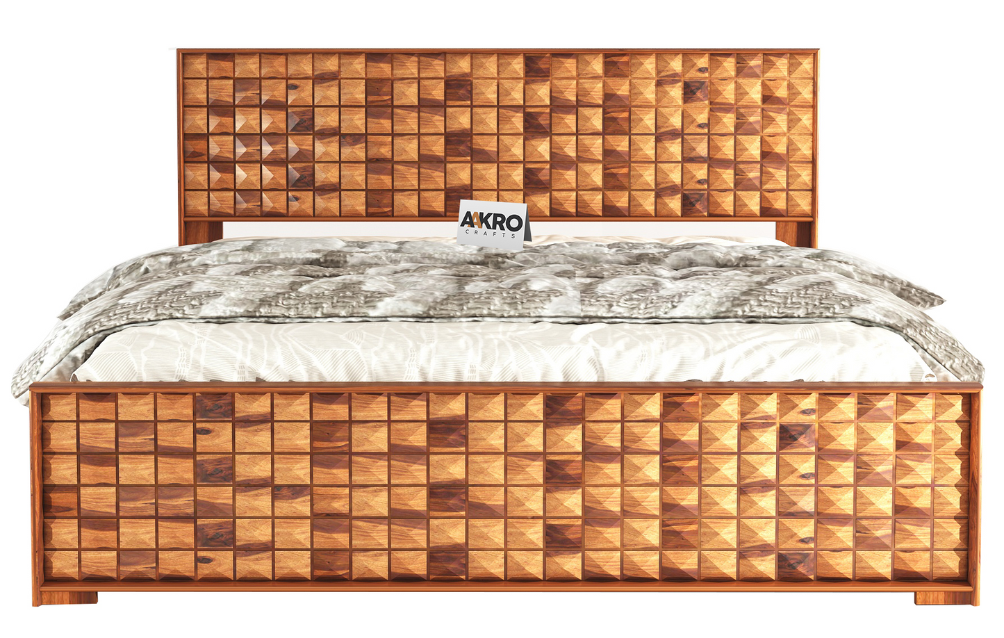 Daimond Sheesham Wood Bed with Box Storage, Honey Finish  - 1 Year Warranty