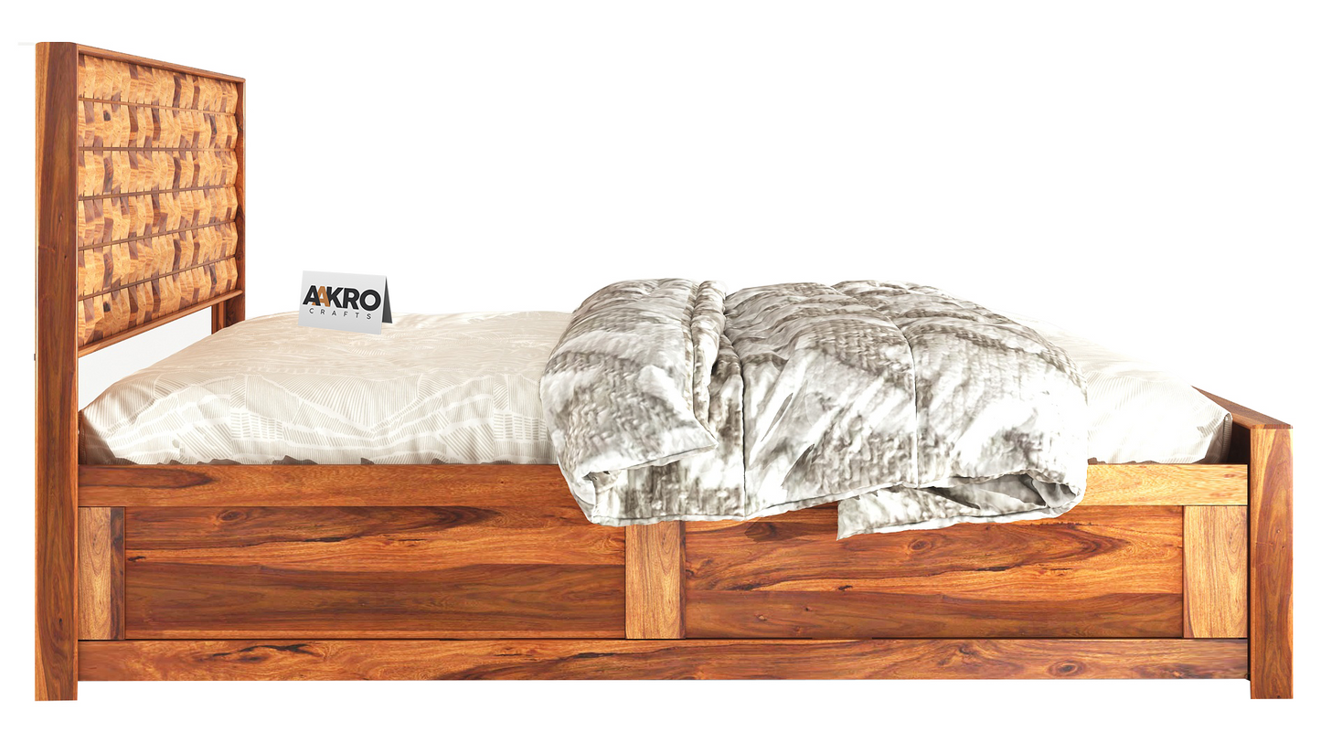 Daimond Sheesham Wood Bed with Box Storage, Honey Finish  - 1 Year Warranty