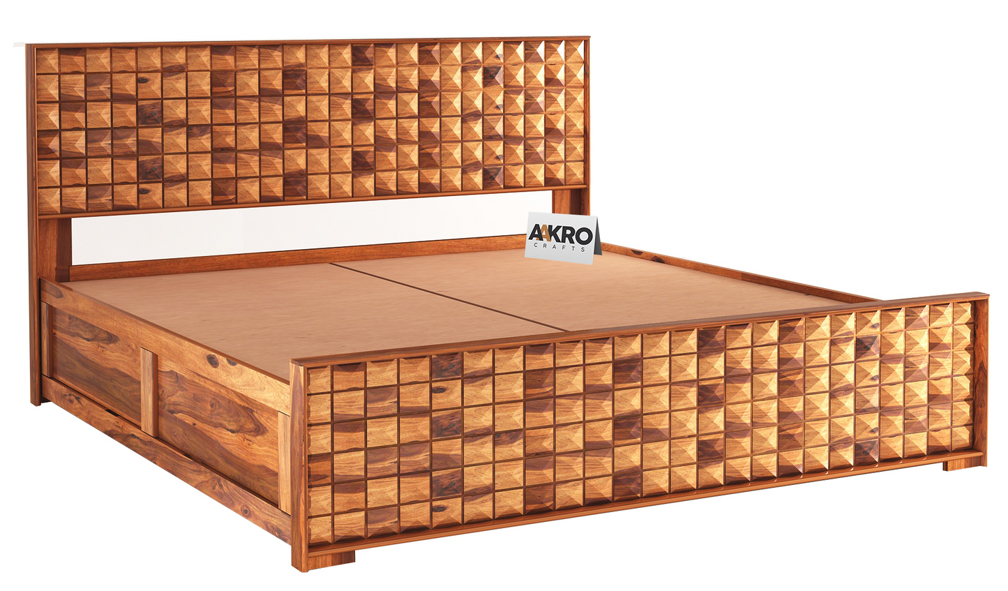 Daimond Sheesham Wood Bed with Box Storage, Honey Finish  - 1 Year Warranty
