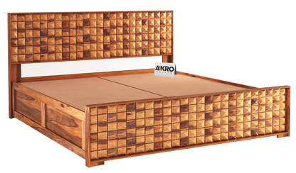 Daimond Sheesham Wood Bed with Box Storage, Honey Finish  - 1 Year Warranty