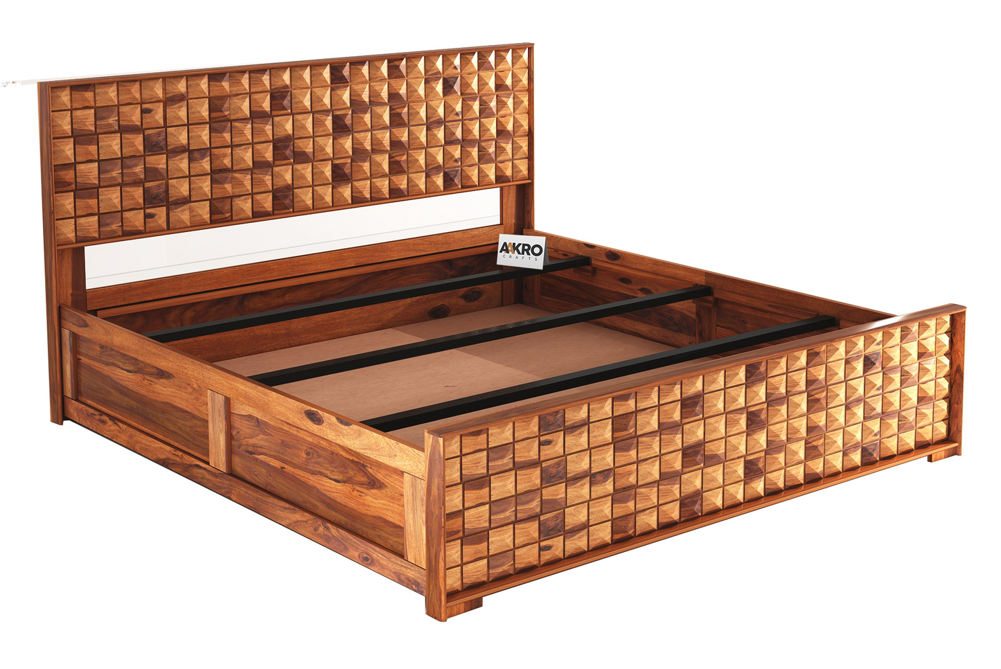 Daimond Sheesham Wood Bed with Box Storage, Honey Finish  - 1 Year Warranty