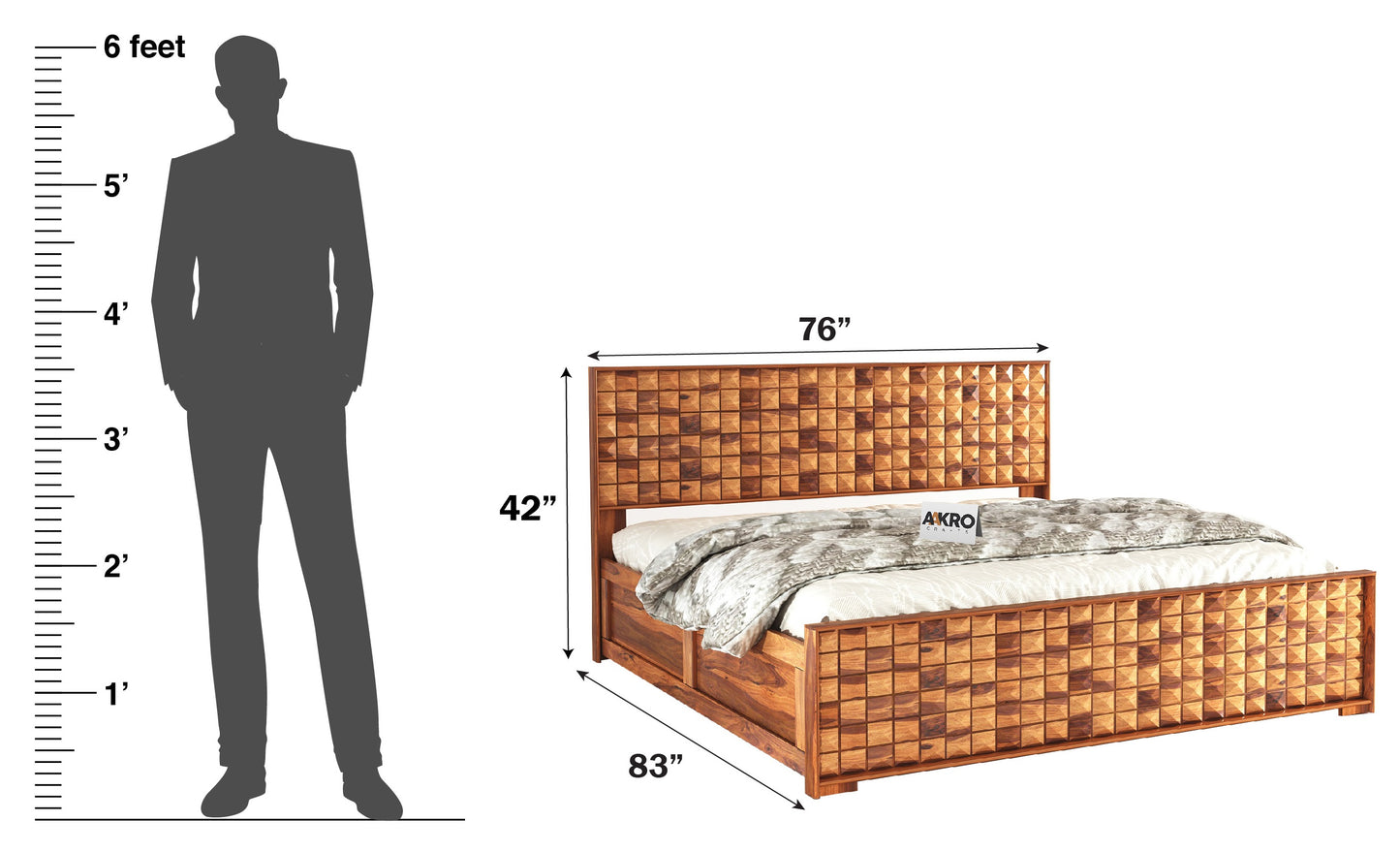 Daimond Sheesham Wood Bed with Box Storage, Honey Finish  - 1 Year Warranty