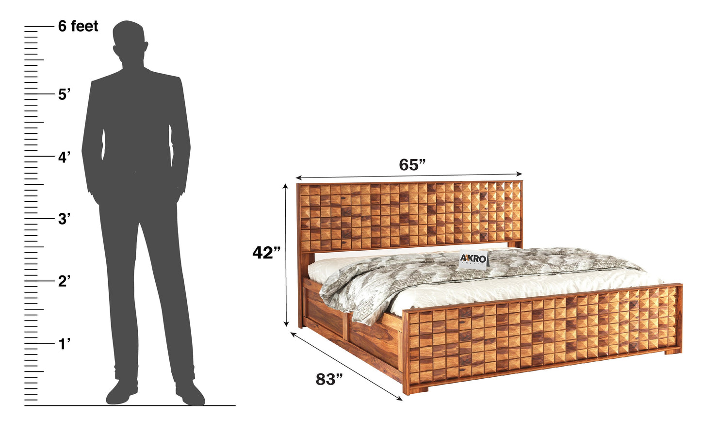 Daimond Sheesham Wood Bed with Box Storage, Honey Finish  - 1 Year Warranty
