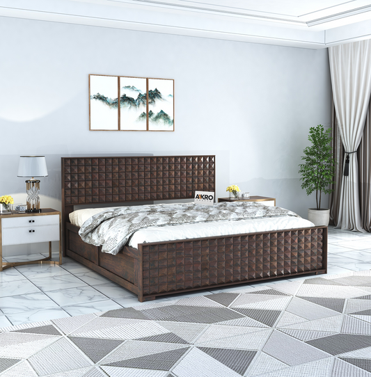 Diamond Sheesham Wood Bed with Box Storage, Walnut Finish - 1 Year Warranty