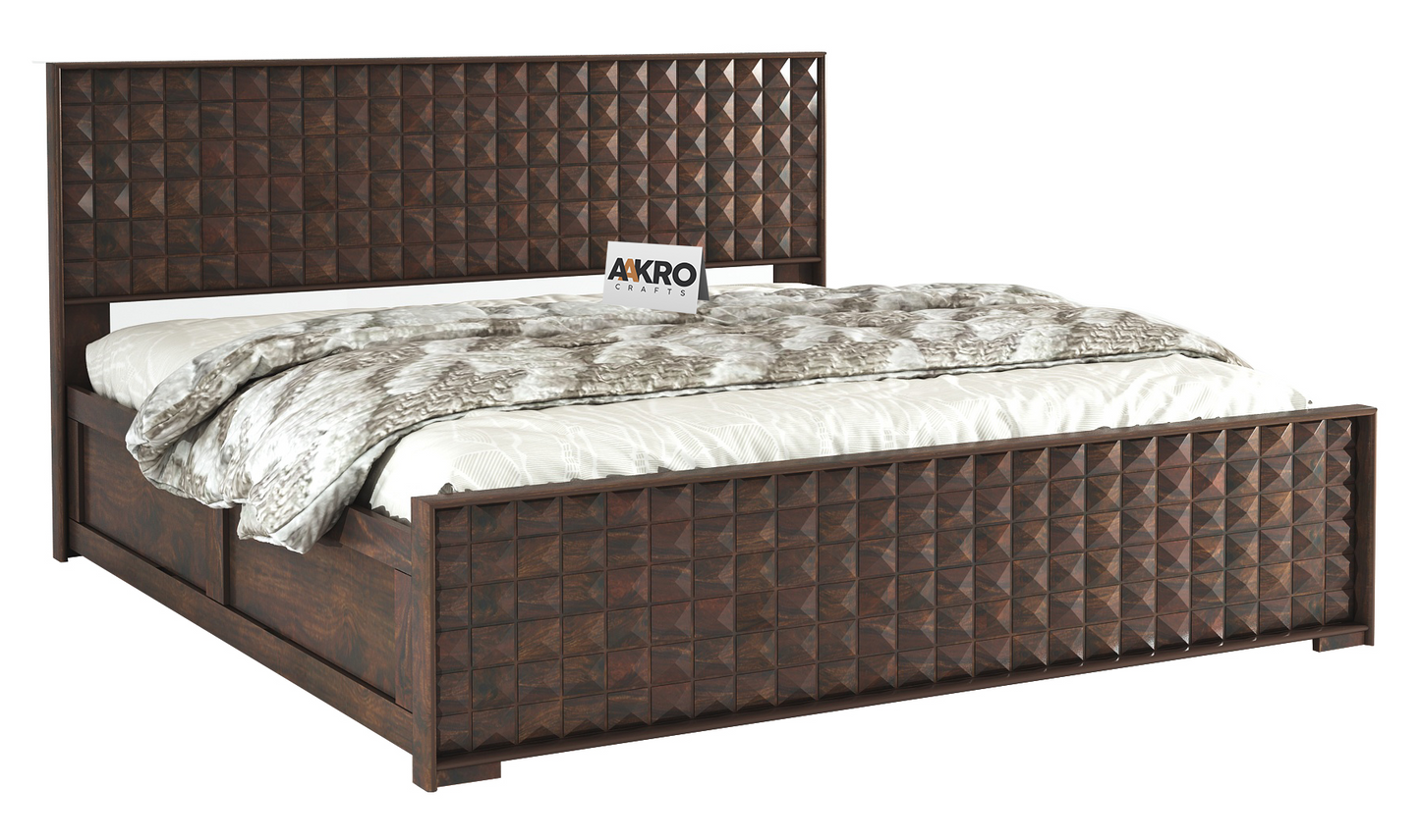 Diamond Sheesham Wood Bed with Box Storage, Walnut Finish - 1 Year Warranty